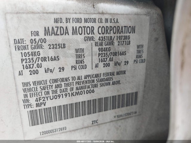 2001 Mazda Tribute Es V6/lx V6 მანქანა იყიდება აუქციონზე, vin: 4F2YU09191KM01006, აუქციონის ნომერი: 46117253