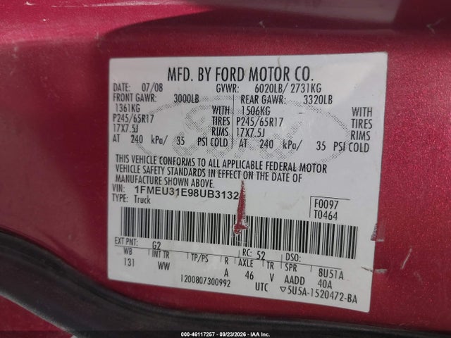 46117257 :رقم المزاد ، 1FMEU31E98UB31322 vin ، 2008 Ford Explorer Sport Trac Xlt مزاد بيع