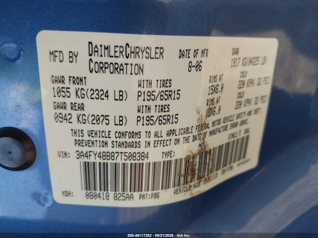 2007 Chrysler Pt Cruiser მანქანა იყიდება აუქციონზე, vin: 3A4FY48B87T508384, აუქციონის ნომერი: 46117262