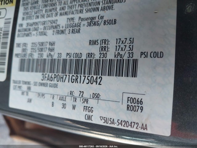 2016 Ford Fusion Se მანქანა იყიდება აუქციონზე, vin: 3FA6P0H71GR175042, აუქციონის ნომერი: 46117263