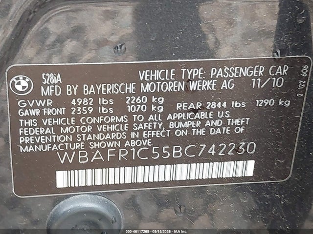 Aukcja sprzedaży 2011 Bmw 528i, vin: WBAFR1C55BC742230, numer aukcji: 46117269