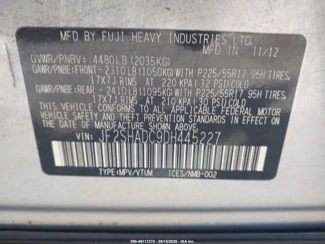 46117275 :رقم المزاد ، JF2SHADC9DH445227 vin ، 2013 Subaru Forester 2.5x Premium مزاد بيع