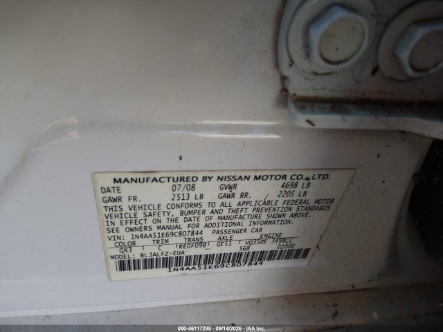 Aukcja sprzedaży 2009 Nissan Maxima 3.5 Sv, vin: 1N4AA51E69C807844, numer aukcji: 46117288