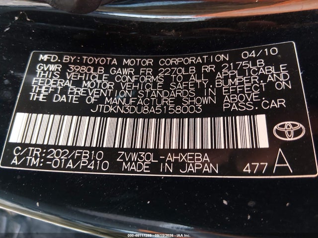 Aukcja sprzedaży 2010 Toyota Prius Ii, vin: JTDKN3DU8A5158003, numer aukcji: 46117289