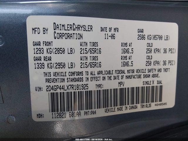 2007 Dodge Grand Caravan Sxt მანქანა იყიდება აუქციონზე, vin: 2D4GP44LX7R181925, აუქციონის ნომერი: 46117306