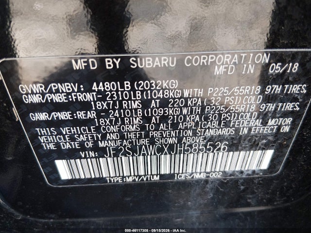Aukcja sprzedaży 2018 Subaru Forester 2.5i Touring, vin: JF2SJAWCXJH585526, numer aukcji: 46117308