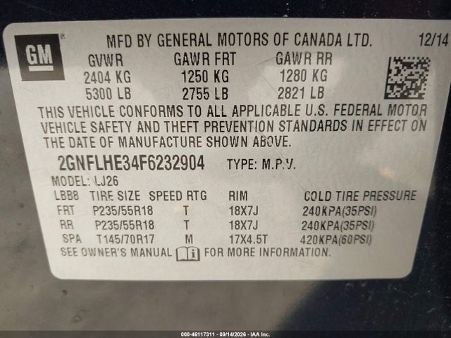 2015 Chevrolet Equinox Ltz მანქანა იყიდება აუქციონზე, vin: 2GNFLHE34F6232904, აუქციონის ნომერი: 46117311