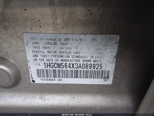 2003 Honda Accord 2.4 Lx მანქანა იყიდება აუქციონზე, vin: 1HGCM564X3A089925, აუქციონის ნომერი: 46117328