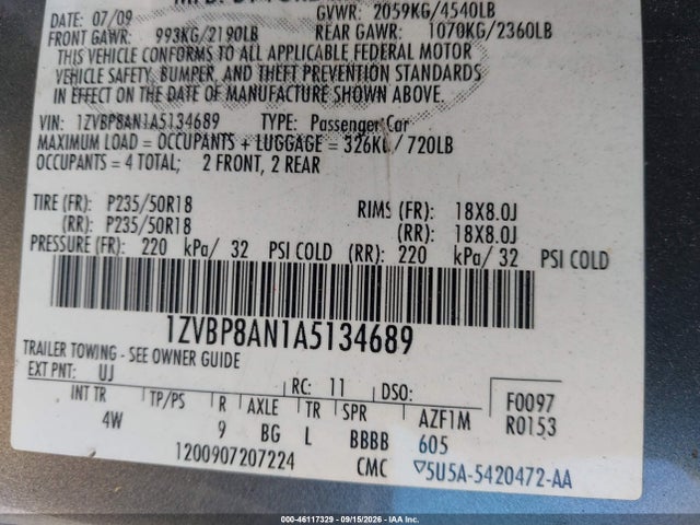 Продажа на аукционе авто 2010 Ford Mustang V6/v6 Premium, vin: 1ZVBP8AN1A5134689, номер лота: 46117329