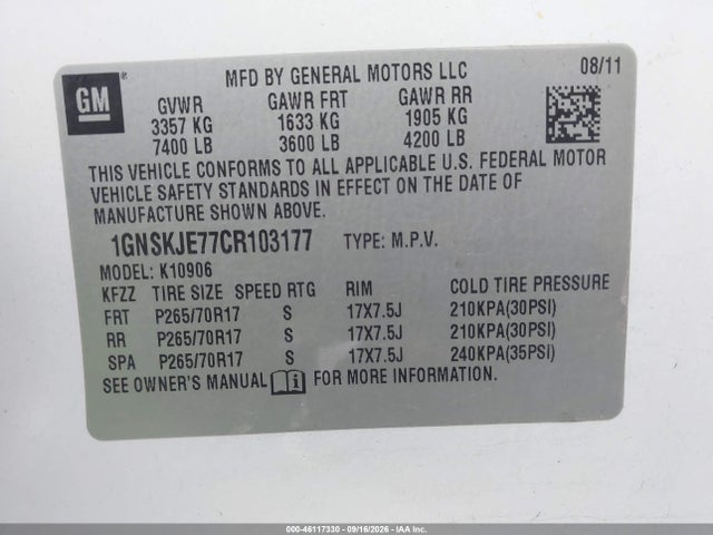 Продаж на аукціоні авто 2012 Chevrolet Suburban 1500 Lt, vin: 1GNSKJE77CR103177, номер лоту: 46117330