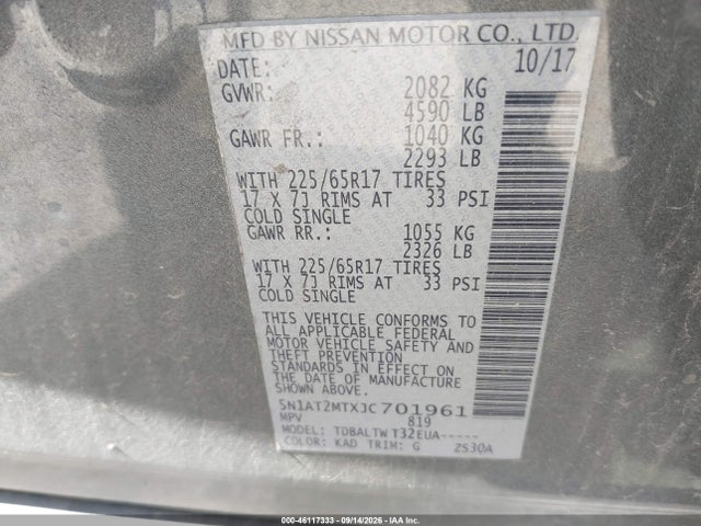Aukcja sprzedaży 2018 Nissan Rogue Sv, vin: 5N1AT2MTXJC701961, numer aukcji: 46117333