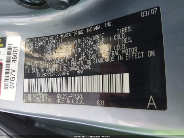 Aukcja sprzedaży 2007 Toyota Sienna Xle, vin: 5TDBK22C27S004046, numer aukcji: 46117337