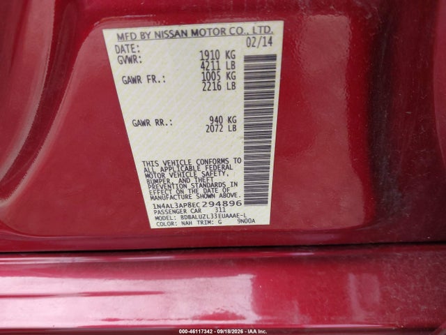 2014 Nissan Altima 2.5 Sv მანქანა იყიდება აუქციონზე, vin: 1N4AL3AP8EC294896, აუქციონის ნომერი: 46117342