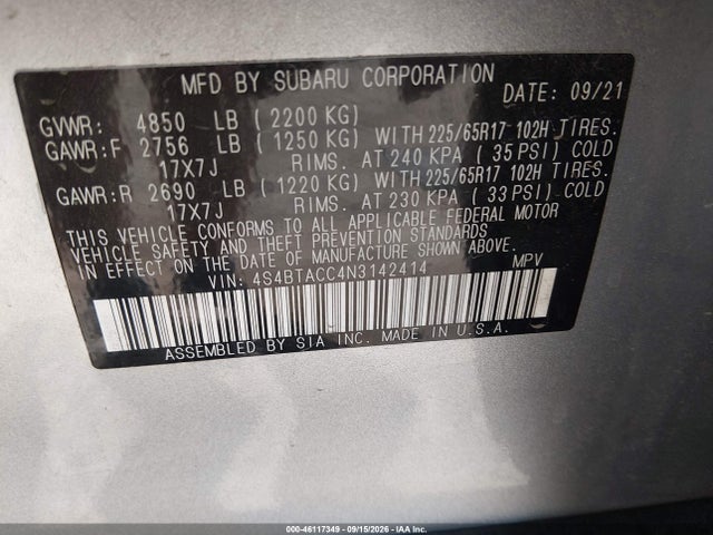 46117349 :رقم المزاد ، 4S4BTACC4N3142414 vin ، 2022 Subaru Outback Premium مزاد بيع