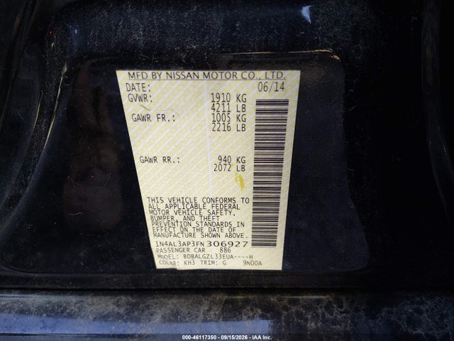 Aukcja sprzedaży 2015 Nissan Altima 2.5 S, vin: 1N4AL3AP3FN306927, numer aukcji: 46117350