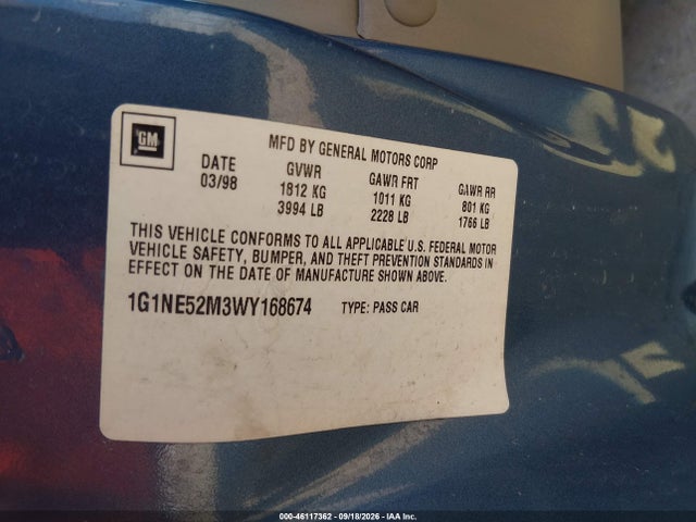 46117362 :رقم المزاد ، 1G1NE52M3WY168674 vin ، 1998 Chevrolet Malibu Ls مزاد بيع