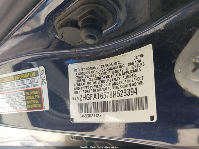 2008 Honda Civic Lx მანქანა იყიდება აუქციონზე, vin: 2HGFA16578H523394, აუქციონის ნომერი: 46117365
