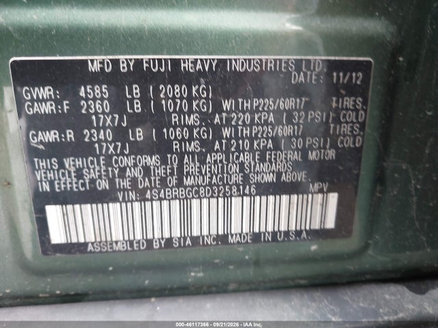 Aukcja sprzedaży 2013 Subaru Outback 2.5i Premium, vin: 4S4BRBGC8D3258146, numer aukcji: 46117366