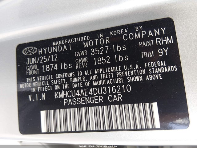 2013 Hyundai Accent Gls მანქანა იყიდება აუქციონზე, vin: KMHCU4AE4DU316210, აუქციონის ნომერი: 46117369