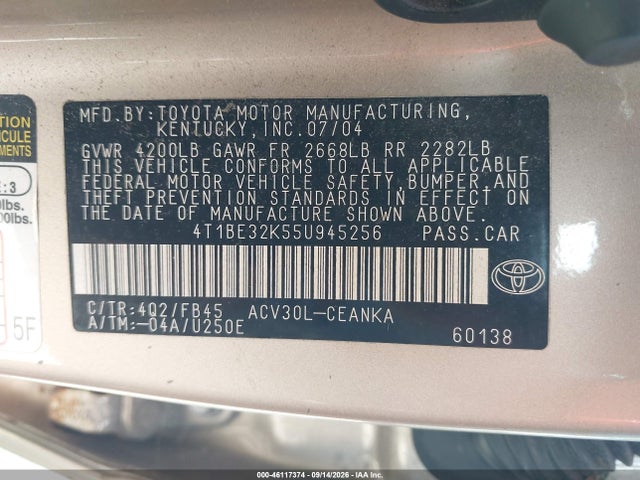 2005 Toyota Camry Le მანქანა იყიდება აუქციონზე, vin: 4T1BE32K55U945256, აუქციონის ნომერი: 46117374