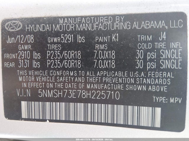 Продаж на аукціоні авто 2008 Hyundai Santa Fe Limited/se, vin: 5NMSH73E78H225710, номер лоту: 46117379