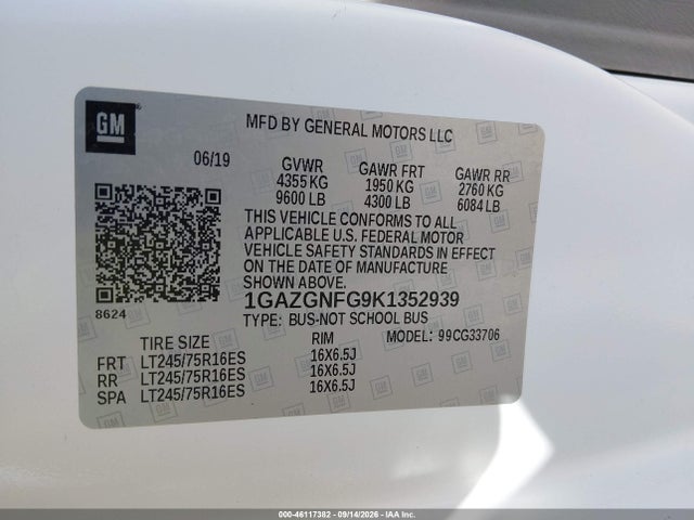 Продаж на аукціоні авто 2019 Chevrolet Express 3500 Ls, vin: 1GAZGNFG9K1352939, номер лоту: 46117382