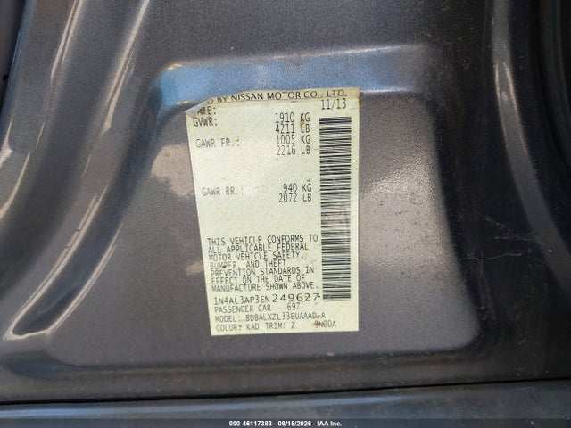 2014 Nissan Altima 2.5 Sl მანქანა იყიდება აუქციონზე, vin: 1N4AL3AP3EN249627, აუქციონის ნომერი: 46117383