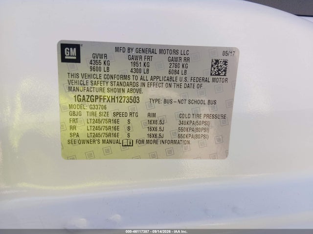 Продаж на аукціоні авто 2017 Chevrolet Express 3500 Lt, vin: 1GAZGPFFXH1273503, номер лоту: 46117387