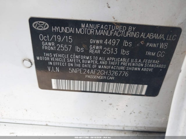Aukcja sprzedaży 2016 Hyundai Sonata Se, vin: 5NPE24AF2GH326776, numer aukcji: 46117390