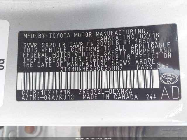 Продажа на аукционе авто 2016 Toyota Corolla Le, vin: 2T1BURHE2GC625887, номер лота: 46117393