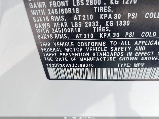 Aukcja sprzedaży 2018 Volkswagen Atlas 2.0t Se/2.0t Se W/technology, vin: 1V2DP2CA9JC599010, numer aukcji: 46117403