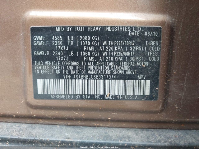 Продажа на аукционе авто 2011 Subaru Outback 2.5i Limited, vin: 4S4BRBLC6B3317374, номер лота: 46117407