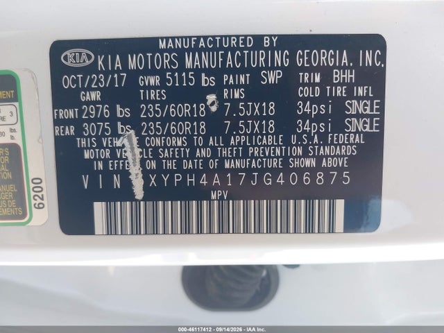 46117412 :رقم المزاد ، 5XYPH4A17JG406875 vin ، 2018 Kia Sorento 2.0t Ex مزاد بيع