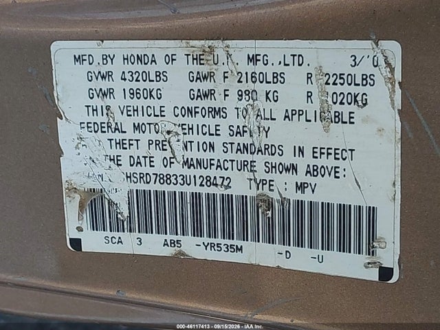 Auction sale of the 2003 Honda Cr-v Ex, vin: SHSRD78833U128472, lot number: 46117413