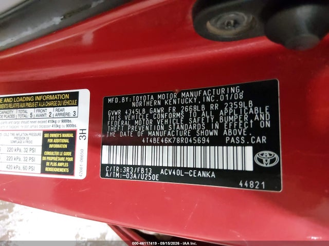 46117419 :رقم المزاد ، 4T4BE46K78R045694 vin ، 2008 Toyota Camry Le مزاد بيع