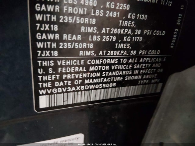 Продажа на аукционе авто 2013 Volkswagen Tiguan Se, vin: WVGBV3AX8DW055088, номер лота: 46117429