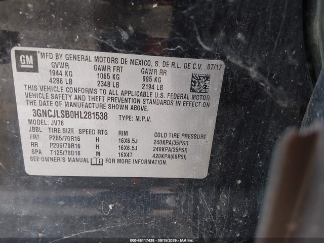 46117438 :رقم المزاد ، 3GNCJLSB0HL281538 vin ، 2017 Chevrolet Trax Lt مزاد بيع