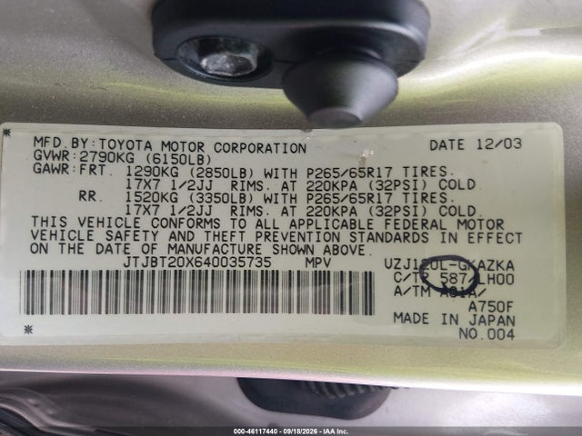 46117440 :رقم المزاد ، JTJBT20X640035735 vin ، 2004 Lexus Gx 470 مزاد بيع
