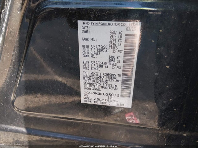 Продажа на аукционе авто 2013 Nissan Pathfinder Platinum, vin: 5N1AR2MM1DC658073, номер лота: 46117443