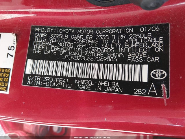 46117445 :رقم المزاد ، JTDKB22U667069886 vin ، 2006 Toyota Prius مزاد بيع