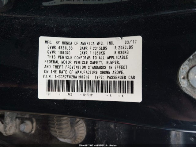 Aukcja sprzedaży 2017 Honda Accord Ex-l, vin: 1HGCR2F82HA190516, numer aukcji: 46117447