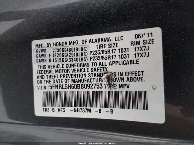 Продажа на аукционе авто 2011 Honda Odyssey Ex-l, vin: 5FNRL5H60BB092753, номер лота: 46117450