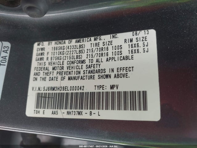46117457 :رقم المزاد ، 5J6RM3H39EL000042 vin ، 2014 Honda Cr-v Lx مزاد بيع