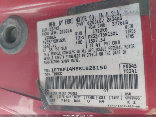 46117459 :رقم المزاد ، 1FTEF14N8SLB28150 vin ، 1995 Ford F150 مزاد بيع