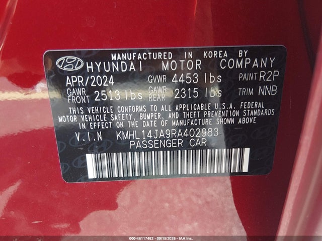 Aukcja sprzedaży 2024 Hyundai Sonata Sel, vin: KMHL14JA9RA402983, numer aukcji: 46117462