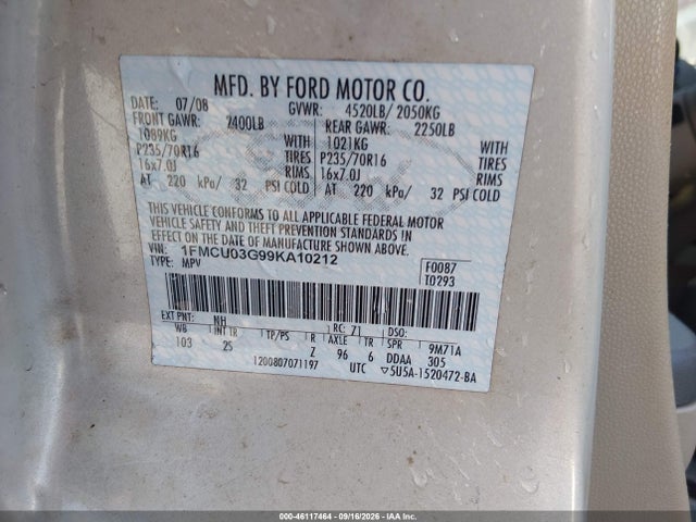 Aukcja sprzedaży 2009 Ford Escape Xlt, vin: 1FMCU03G99KA10212, numer aukcji: 46117464