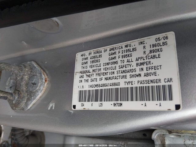 46117469 :رقم المزاد ، 1HGCM56486A146840 vin ، 2006 Honda Accord 2.4 Lx مزاد بيع
