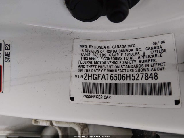 46117476 :رقم المزاد ، 2HGFA16506H527848 vin ، 2006 Honda Civic Lx مزاد بيع