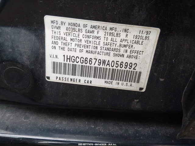 46117478 :رقم المزاد ، 1HGCG6679WA056992 vin ، 1998 Honda Accord Ex مزاد بيع
