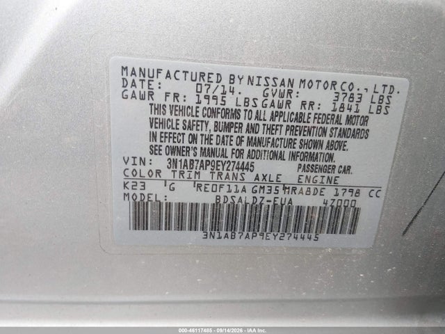 Продаж на аукціоні авто 2014 Nissan Sentra Sv, vin: 3N1AB7AP9EY274445, номер лоту: 46117485